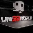 3D printer in action with 'UNi3D World' branding on a white background