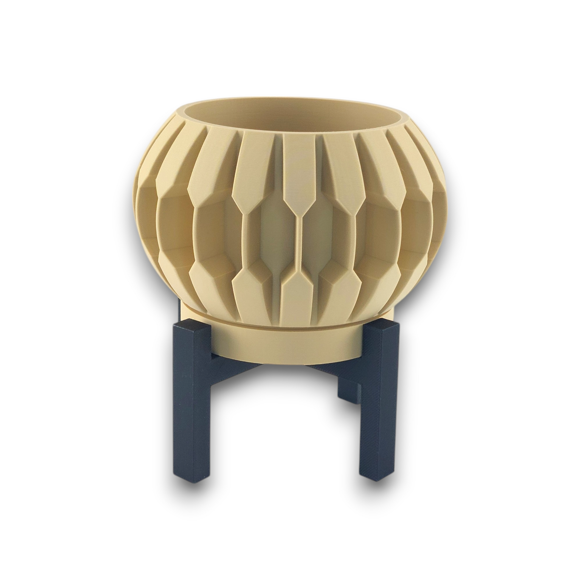 Tan PLA planter – 3D printed with spherical body and vertical blade-like ridges, mounted on black four-legged stand

