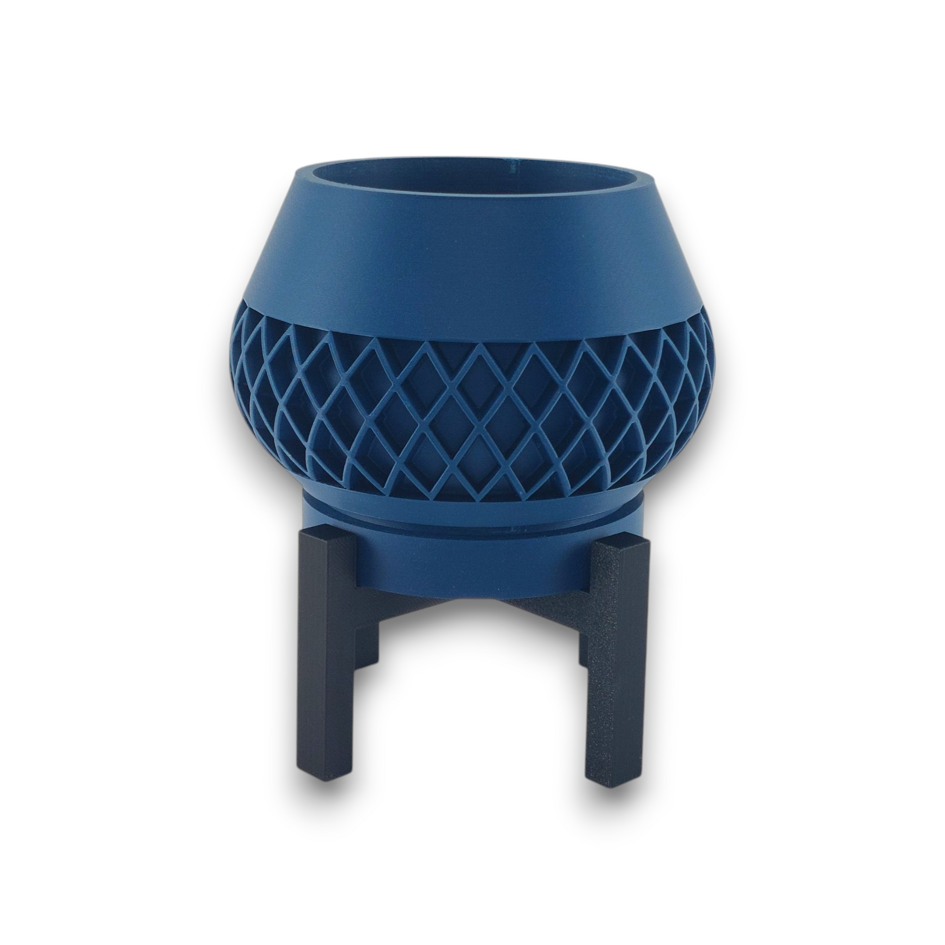 Blue PLA planter – 3D printed with bowl-shaped body and diamond lattice texture, elevated on black four-legged stand
