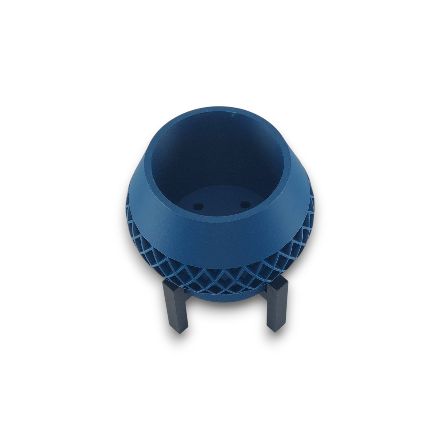 Blue PLA planter – 3D printed with bowl-shaped body and diamond lattice texture, elevated on black four-legged stand
