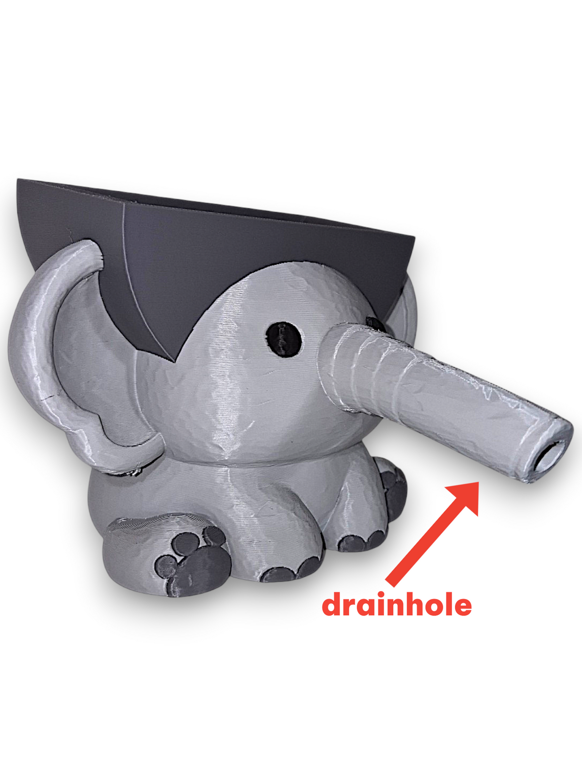 Gray 3D printed elephant sponge holder with a front drain hole indicated by a red arrow
