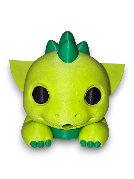 Yellow and green 3D printed dinosaur sponge holder with front opening for drain hole
