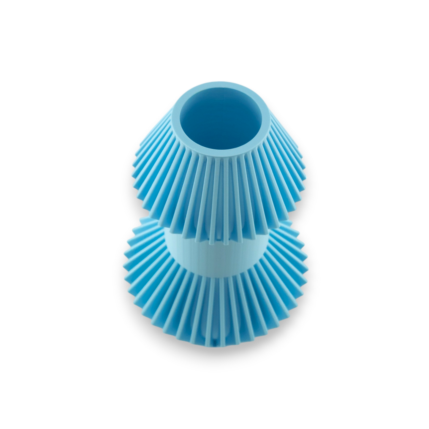 Light blue PLA sculpture – 3D printed with central cylinder and dual conical ends featuring evenly spaced vertical slats
