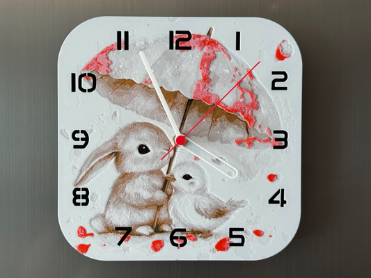 Cute Baby Bunny & Bird – Square HueForge Clock – Designed by cP3D