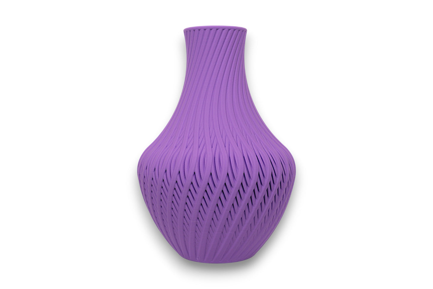Purple PLA vase – 3D printed with spiral ridge texture and narrow neck, shown on white background
