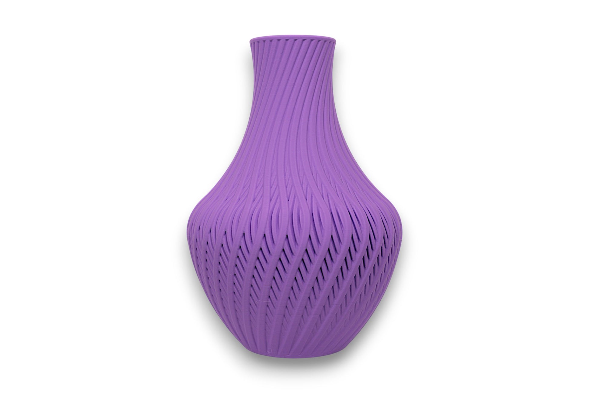 Purple PLA vase – 3D printed with spiral ridge texture and narrow neck, shown on white background
