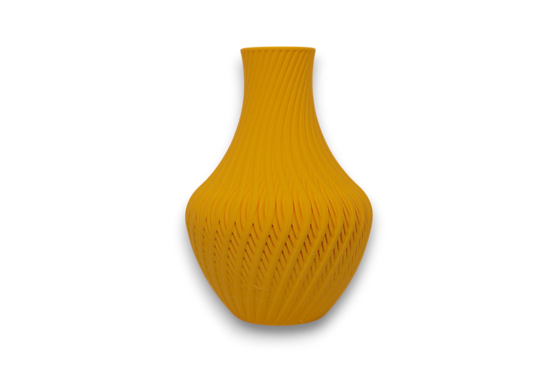 Yellow PLA vase – 3D printed with curved leaf-like ridge texture and tapered neck, displayed on white background
