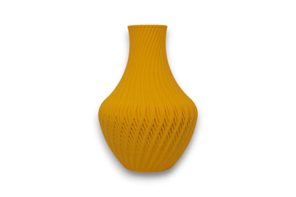 Yellow PLA vase – 3D printed with curved leaf-like ridge texture and tapered neck, displayed on white background
