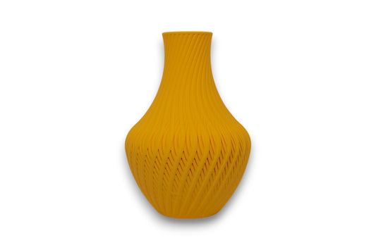 Yellow PLA vase – 3D printed with curved leaf-like ridge texture and tapered neck, displayed on white background
