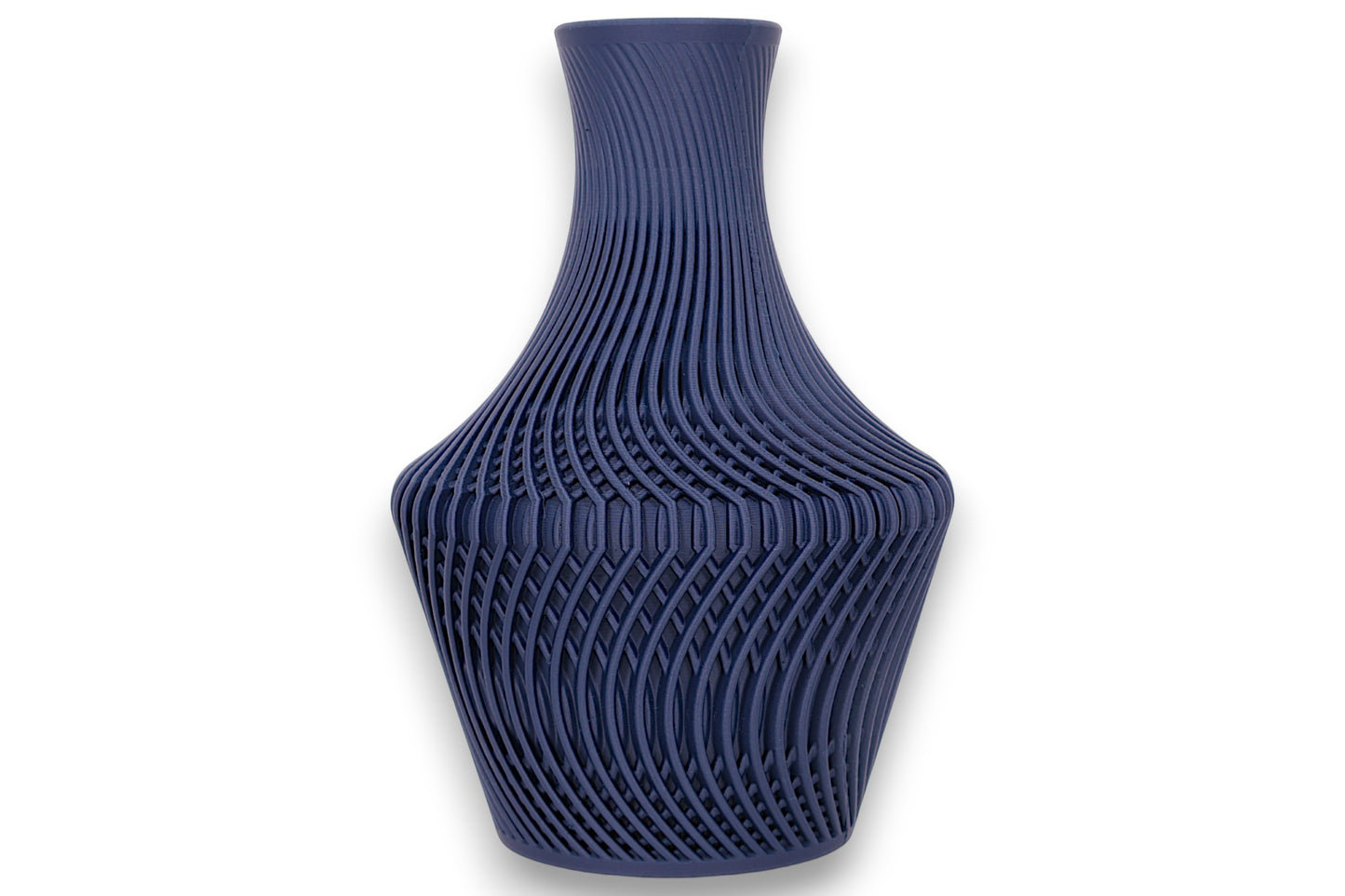 Dark blue PLA vase – 3D printed with interwoven parametric ridge texture and flared neck, shown on white background
