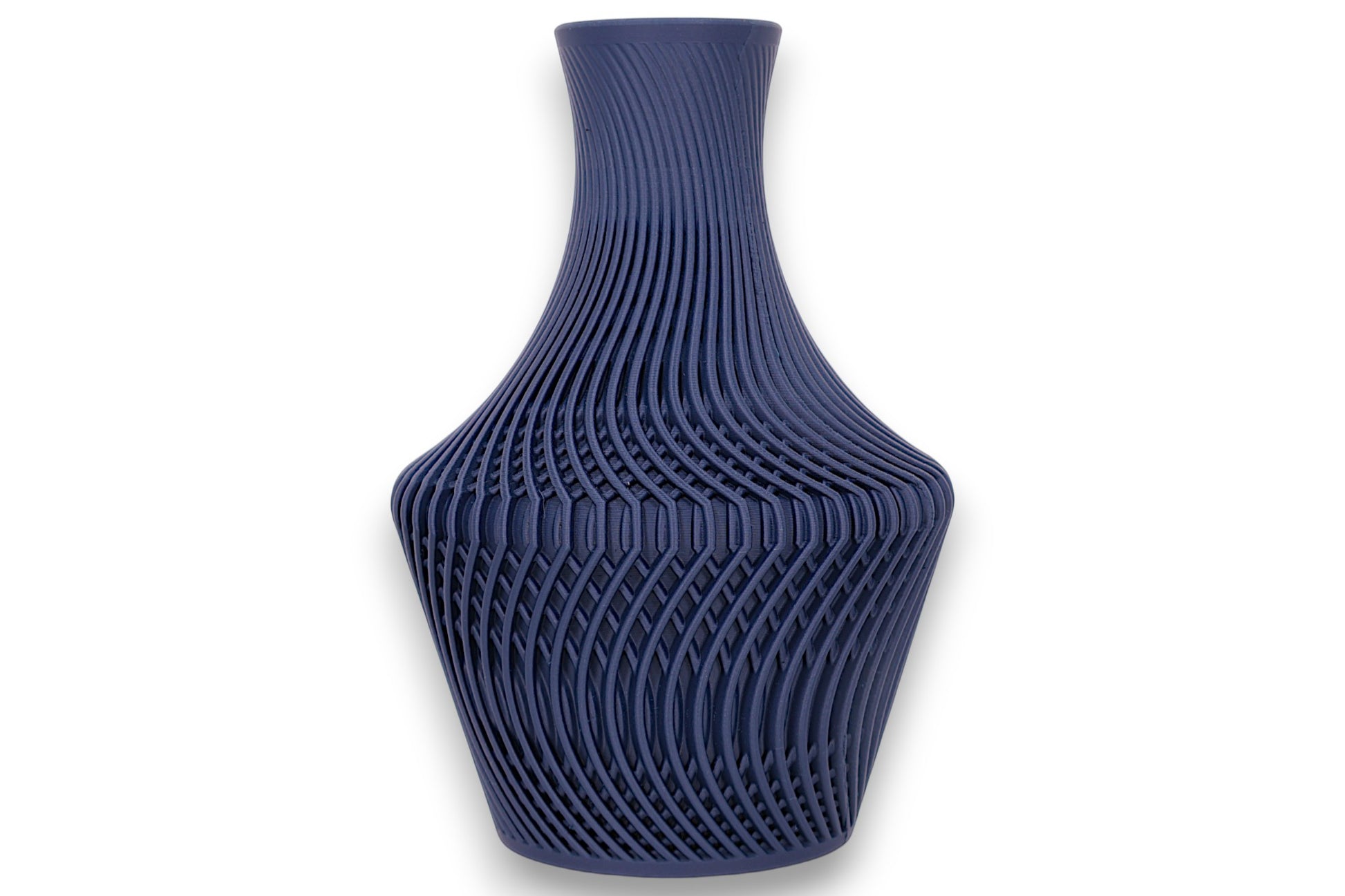Dark blue PLA vase – 3D printed with interwoven parametric ridge texture and flared neck, shown on white background

