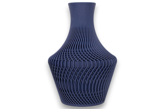 Dark blue PLA vase – 3D printed with interwoven parametric ridge texture and flared neck, shown on white background
