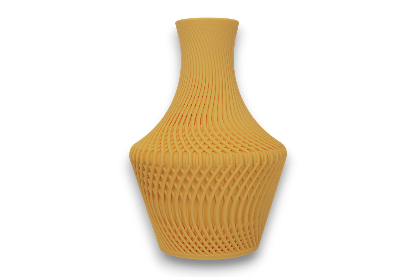 Lemon yellow PLA vase – 3D printed with interwoven parametric ridge texture and flared neck, shown on white background
