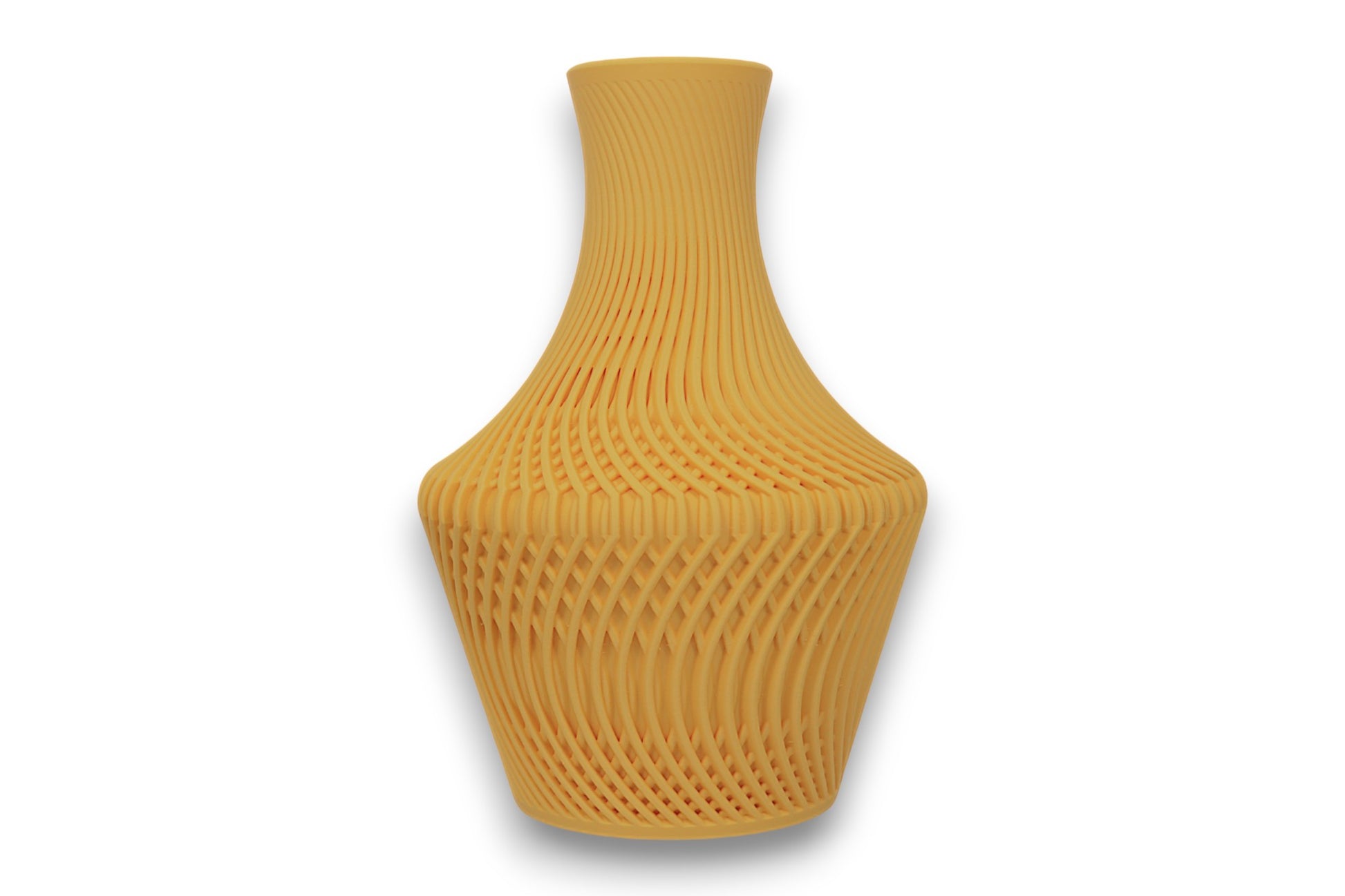 Lemon yellow PLA vase – 3D printed with interwoven parametric ridge texture and flared neck, shown on white background
