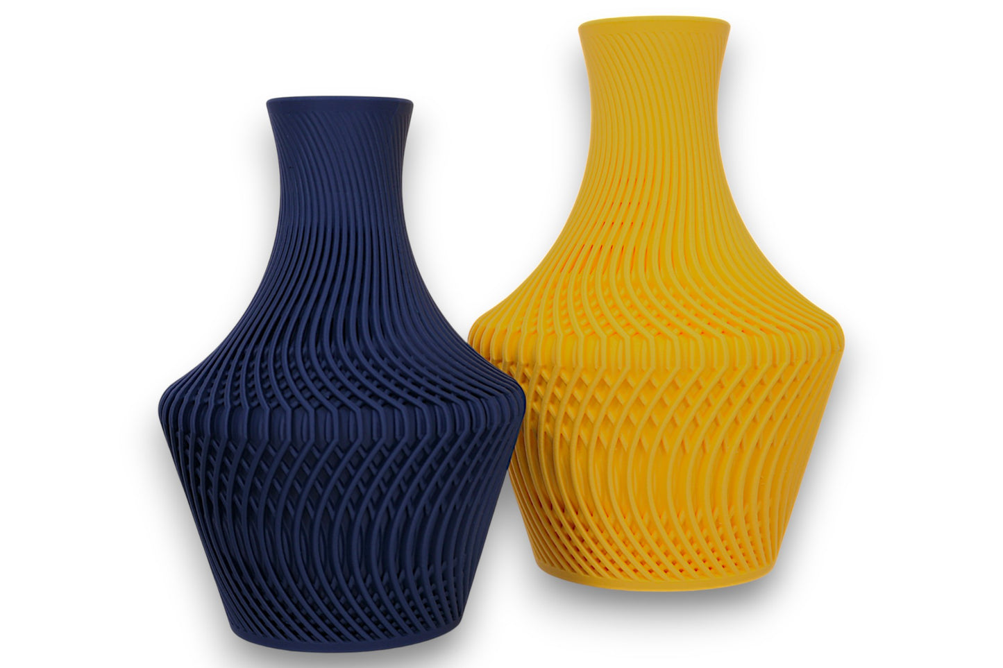 Dark blue and yellow PLA vases – 3D printed with parametric ridge texture and flared necks, shown side by side