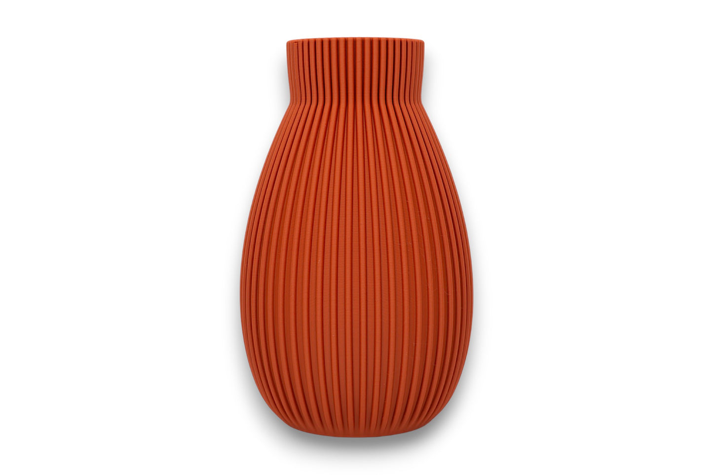 Terracotta PLA vase – 3D printed with vertical ribbed texture and narrow neck, shown on white background
