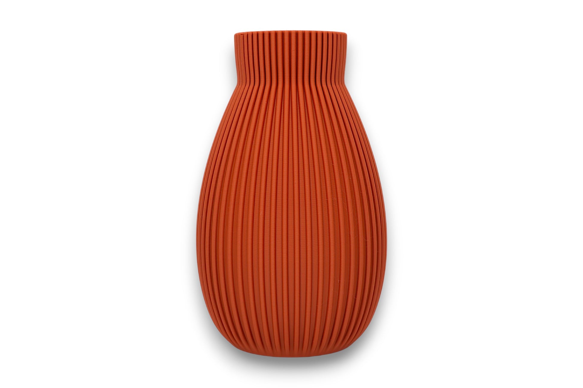 Terracotta PLA vase – 3D printed with vertical ribbed texture and narrow neck, shown on white background
