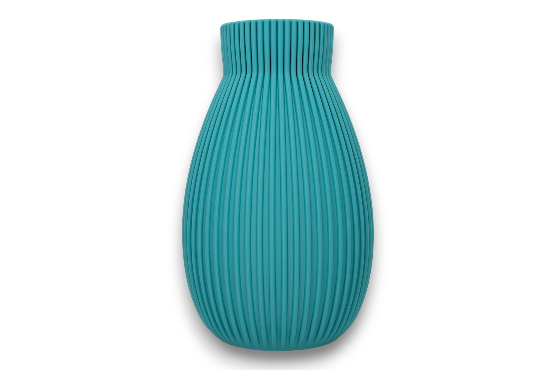 terracotta PLA vase – 3D printed with vertical ribbed texture and narrow neck, shown on white background
