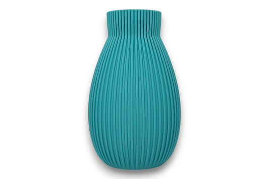 terracotta PLA vase – 3D printed with vertical ribbed texture and narrow neck, shown on white background
