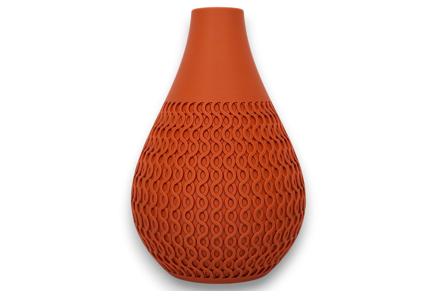 Terracotta PLA vase – 3D printed with smooth upper body and wavy interlocking texture on lower half
