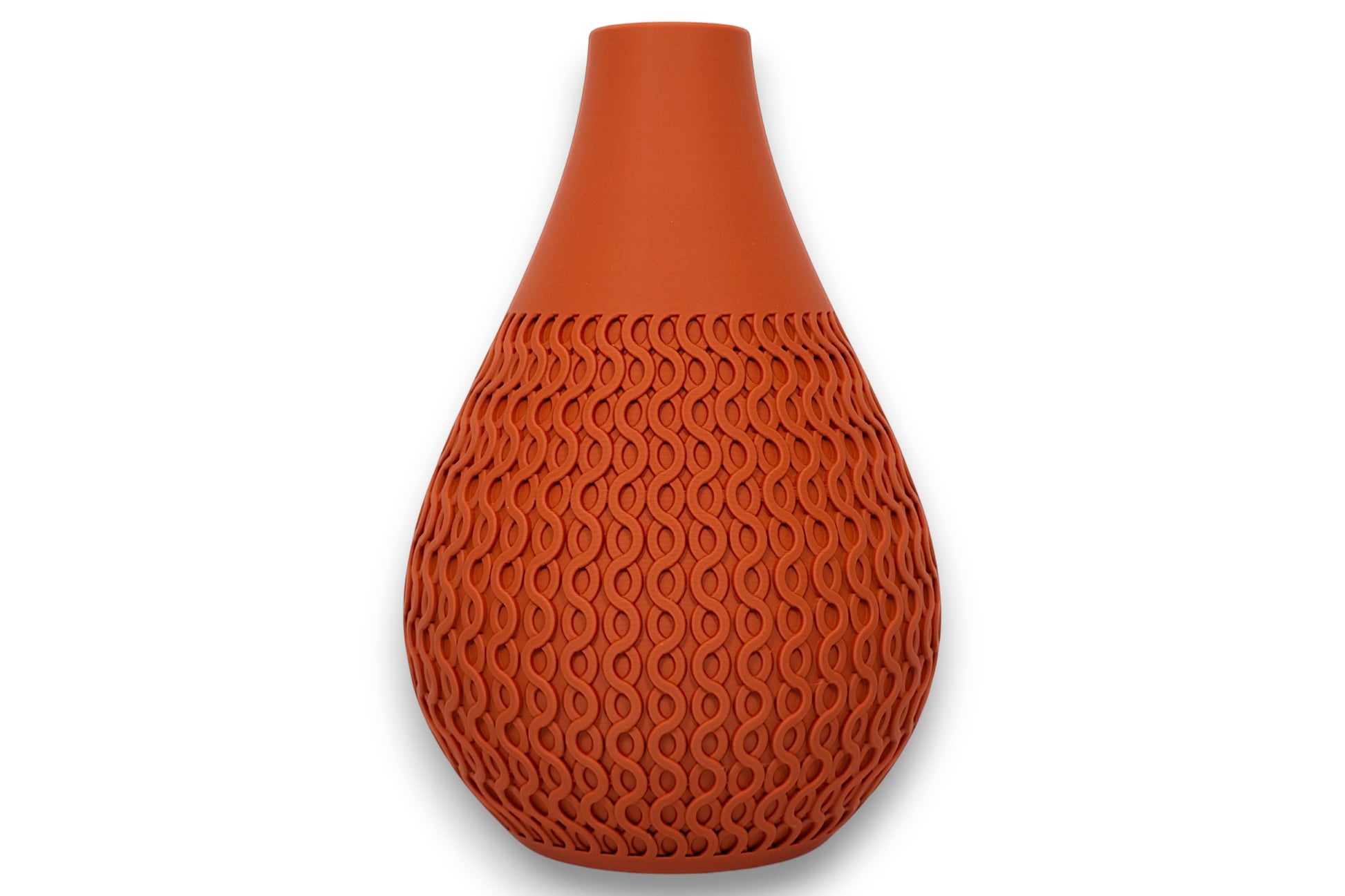 Terracotta PLA vase – 3D printed with smooth upper body and wavy interlocking texture on lower half
