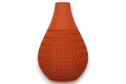 Terracotta PLA vase – 3D printed with smooth upper body and wavy interlocking texture on lower half
