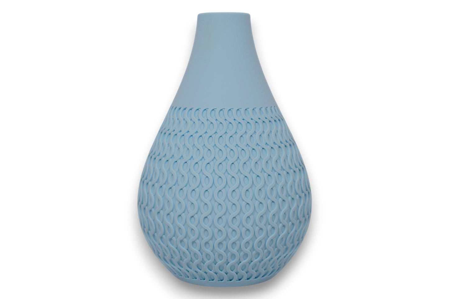 Light blue PLA vase – 3D printed with smooth upper body and interlocking oval texture on lower half
