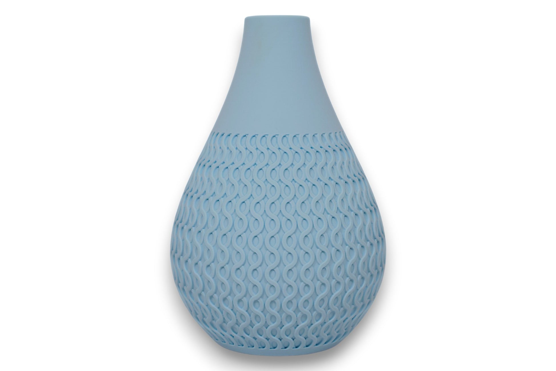 Light blue PLA vase – 3D printed with smooth upper body and interlocking oval texture on lower half
