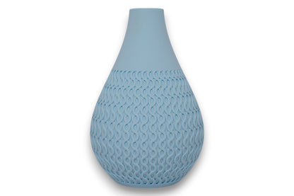 Light blue PLA vase – 3D printed with smooth upper body and interlocking oval texture on lower half
