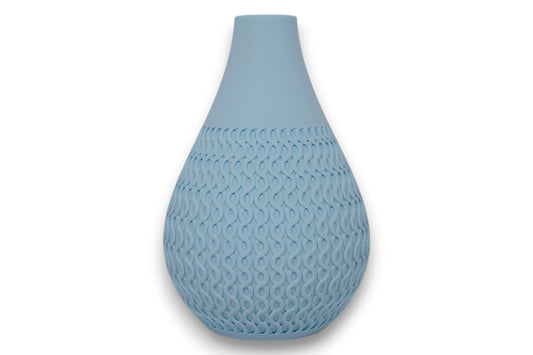Light blue PLA vase – 3D printed with smooth upper body and interlocking oval texture on lower half
