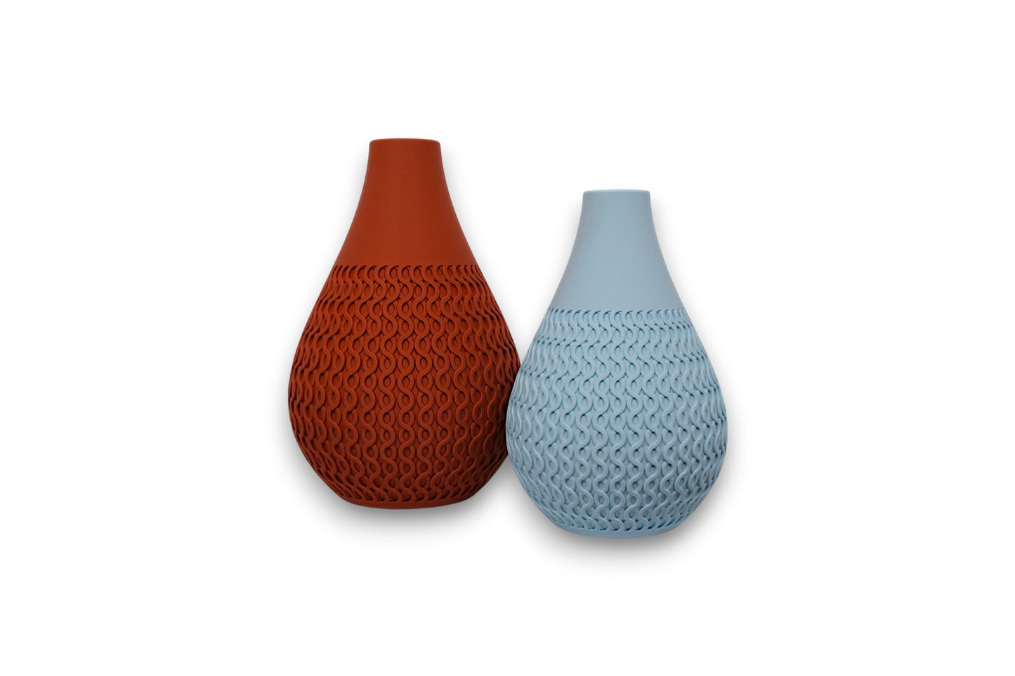 Terracotta and light blue PLA vases – 3D printed with teardrop shape and wavy interlocking texture on lower halves

