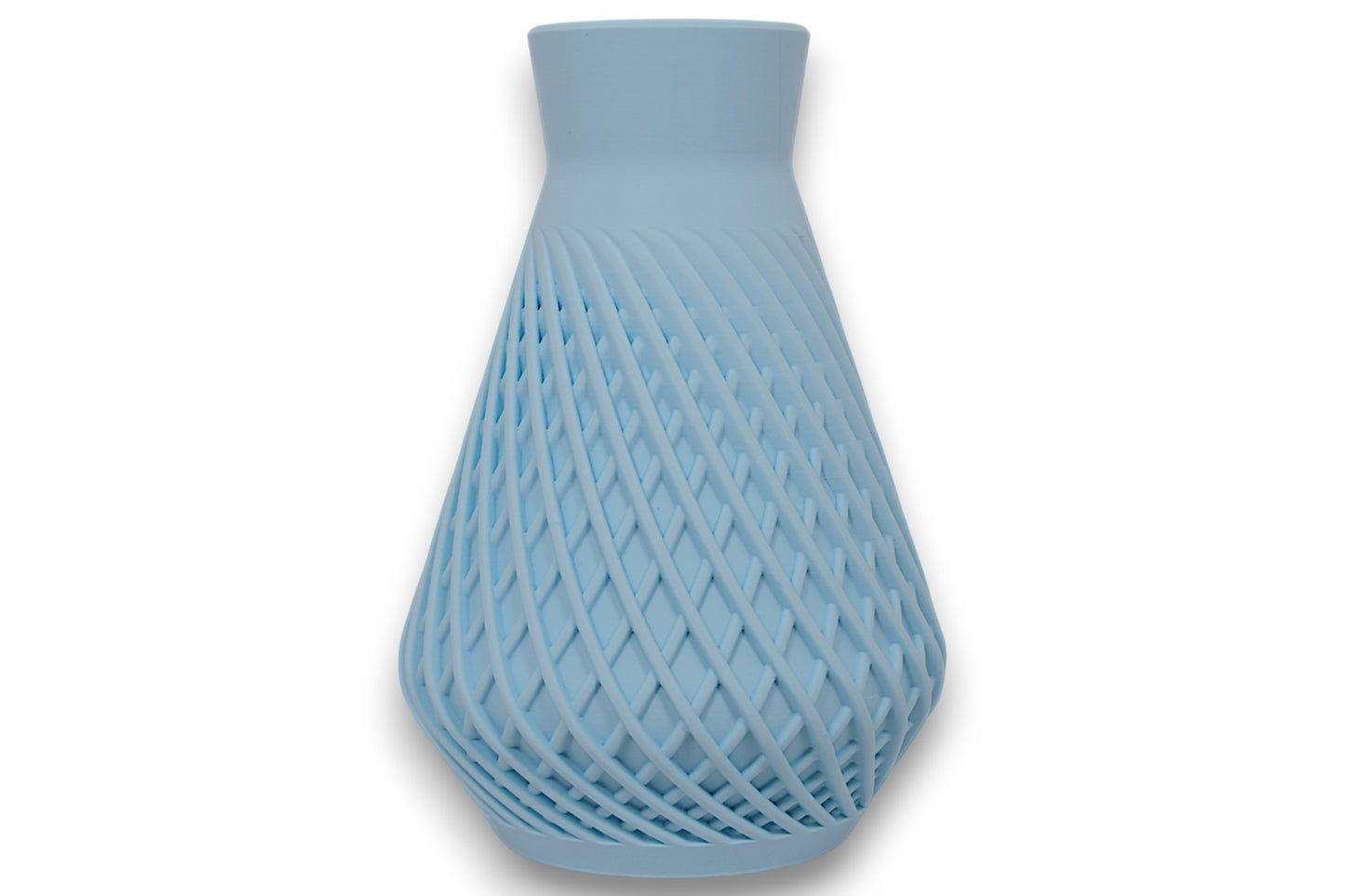 Light blue PLA vase – 3D printed with diagonal lattice texture and tapered body, shown on white background
