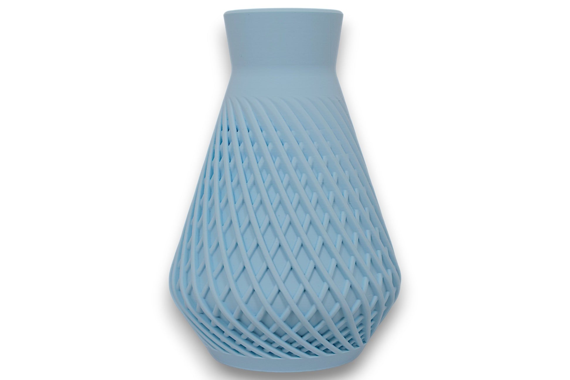 Light blue PLA vase – 3D printed with diagonal lattice texture and tapered body, shown on white background

