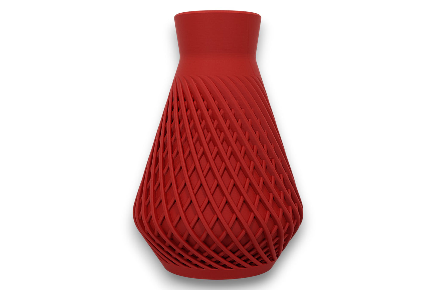 Red PLA vase – 3D printed with diamond mesh texture and flared base, displayed on white background
