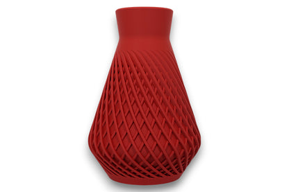 Red PLA vase – 3D printed with diamond mesh texture and flared base, displayed on white background
