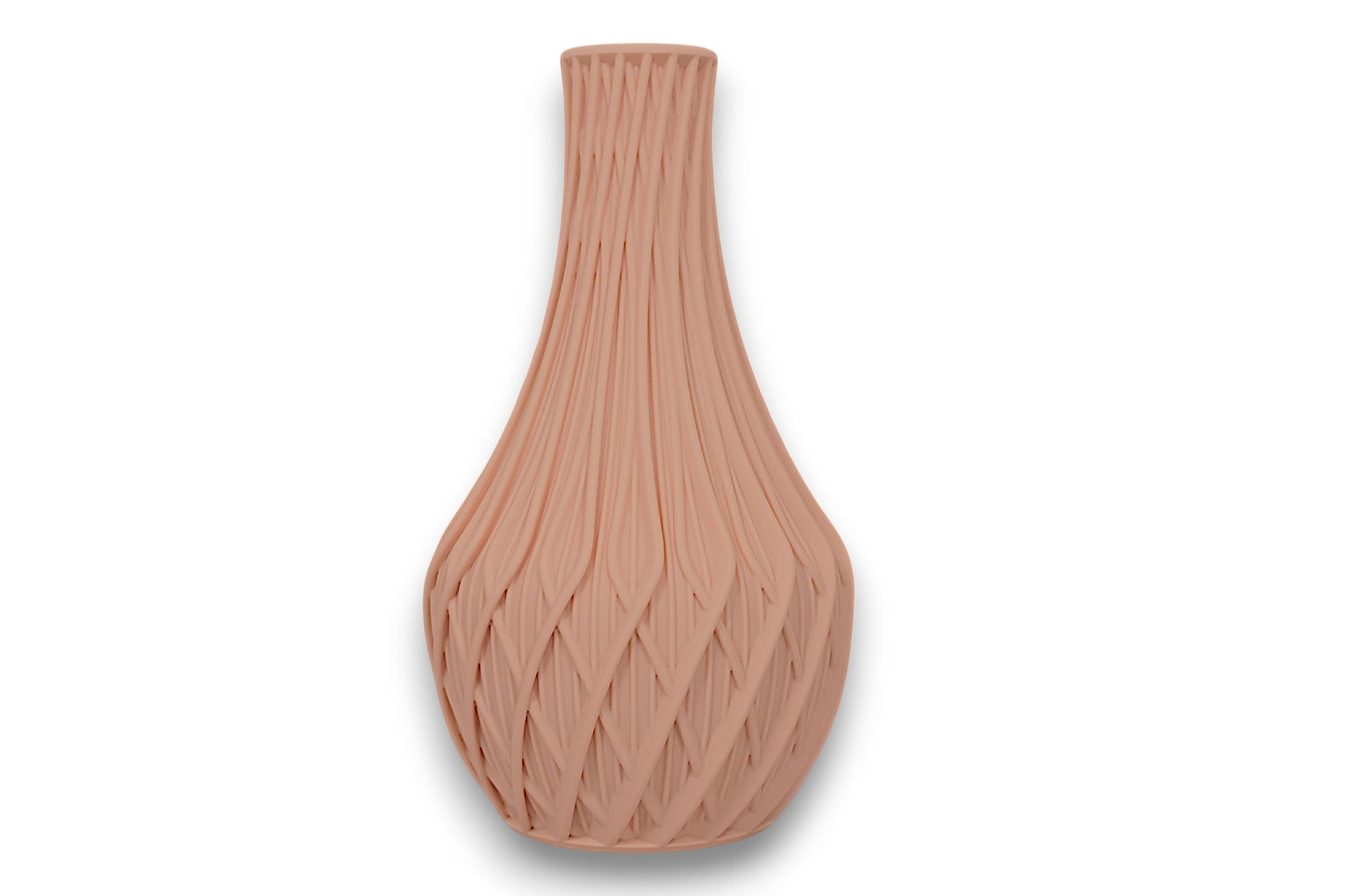 Beige PLA vase – 3D printed with elongated leaf-ridge texture and tapered neck, shown on white background
