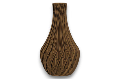 Bronze PLA vase – 3D printed with layered geometric texture and narrow neck, displayed on white background
