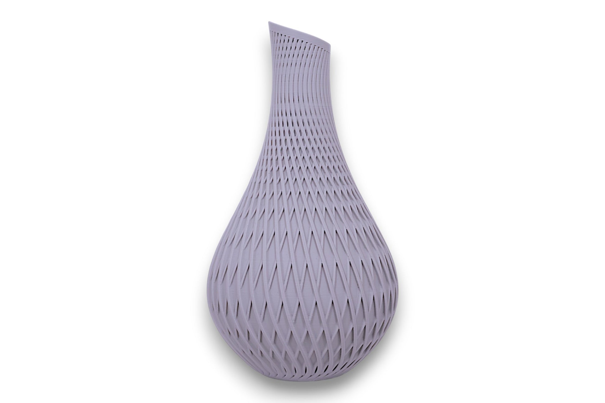 Light gray PLA vase – 3D printed with diamond lattice texture and asymmetrical tapered top, shown on white background