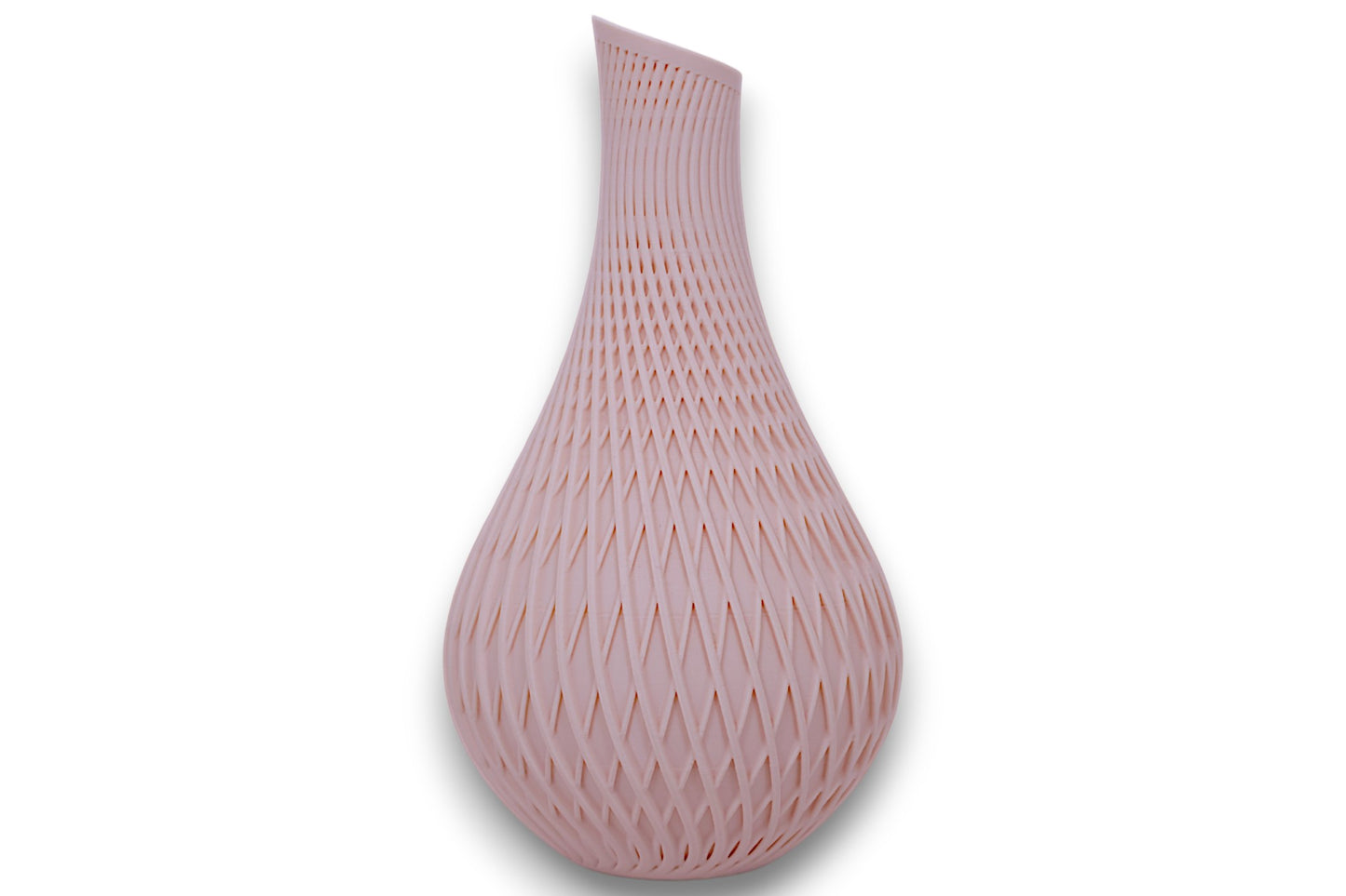 Beige PLA vase – 3D printed with geometric lattice texture and tilted top, displayed on white background