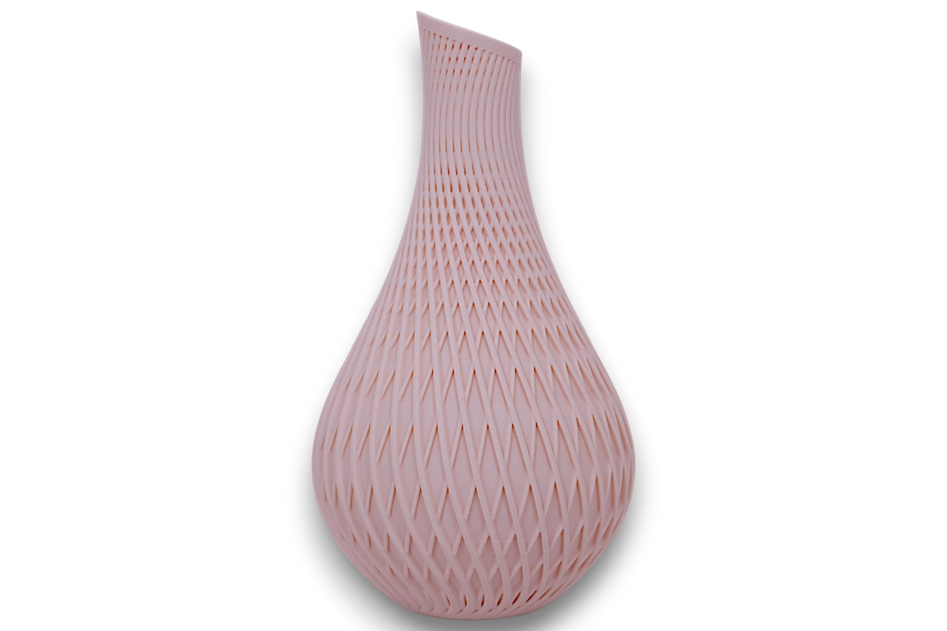 Beige PLA vase – 3D printed with geometric lattice texture and tilted top, displayed on white background