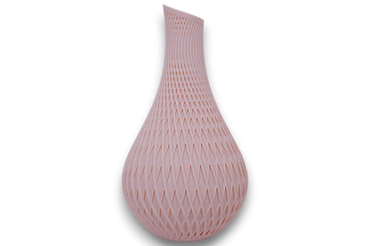Beige PLA vase – 3D printed with geometric lattice texture and tilted top, displayed on white background