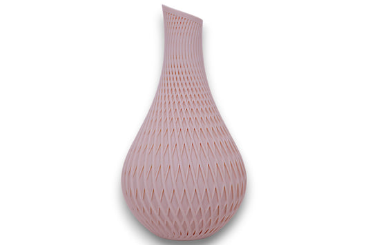 Beige PLA vase – 3D printed with geometric lattice texture and tilted top, displayed on white background