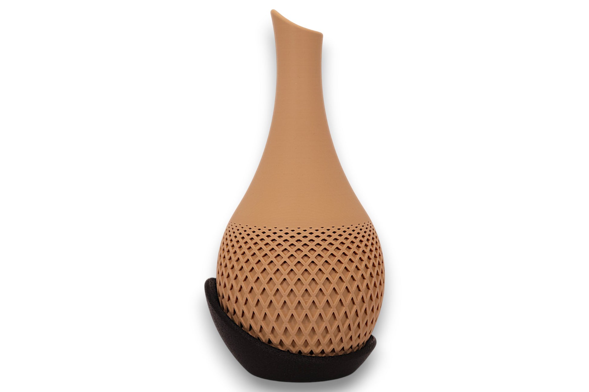 Tan PLA vase – 3D printed with smooth upper body and diamond perforation texture on lower half, shown beside matte black asymmetrical bowl
