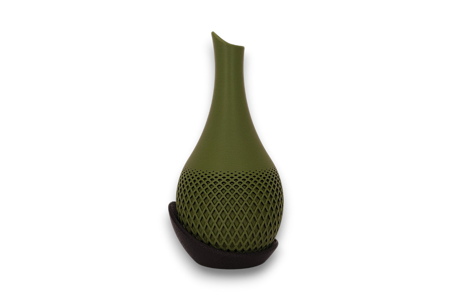 Olive green PLA vase – 3D printed with smooth upper body and lattice texture on lower half, seated in curved black base
