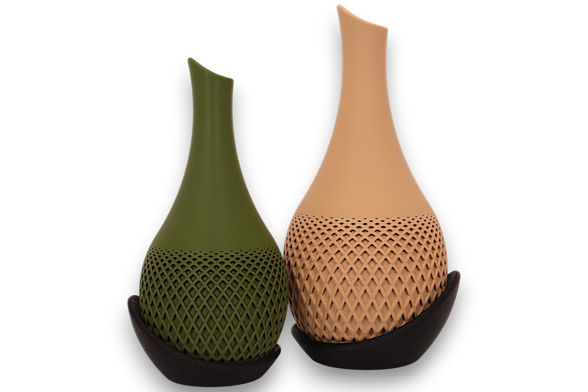 Olive green and desert tan PLA vases – 3D printed with smooth upper bodies and lattice-textured lower halves, each cradled in curved black base