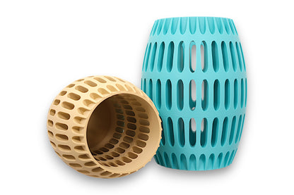 Tan and turquoise PLA vases – 3D printed with grid-like oval cutouts and hollow interiors, shown upright and sideways