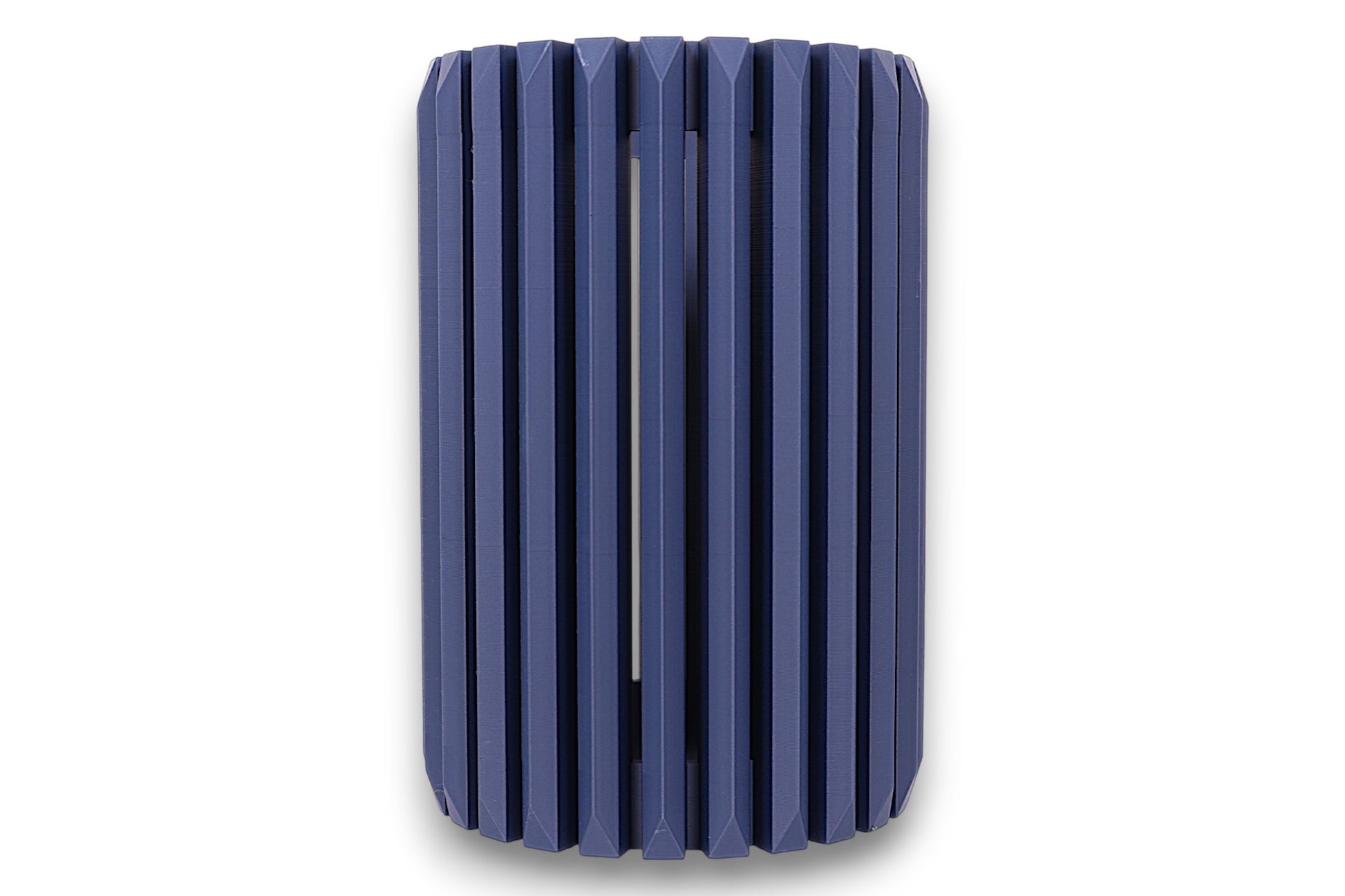 Blue cylindrical vase with ribbed texture on a white background