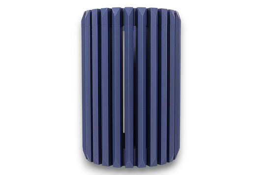 Blue cylindrical vase with ribbed texture on a white background