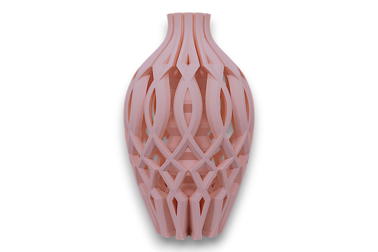 beige vase with a geometric lattice design on a white background