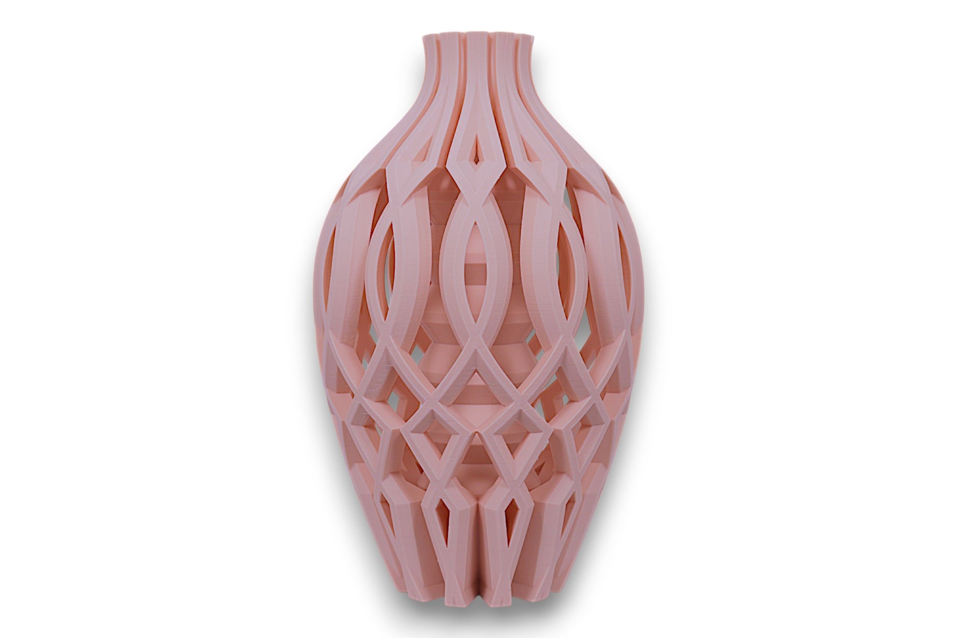 beige vase with a geometric lattice design on a white background